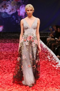 Claire Pettibone grey dress with flower overlay