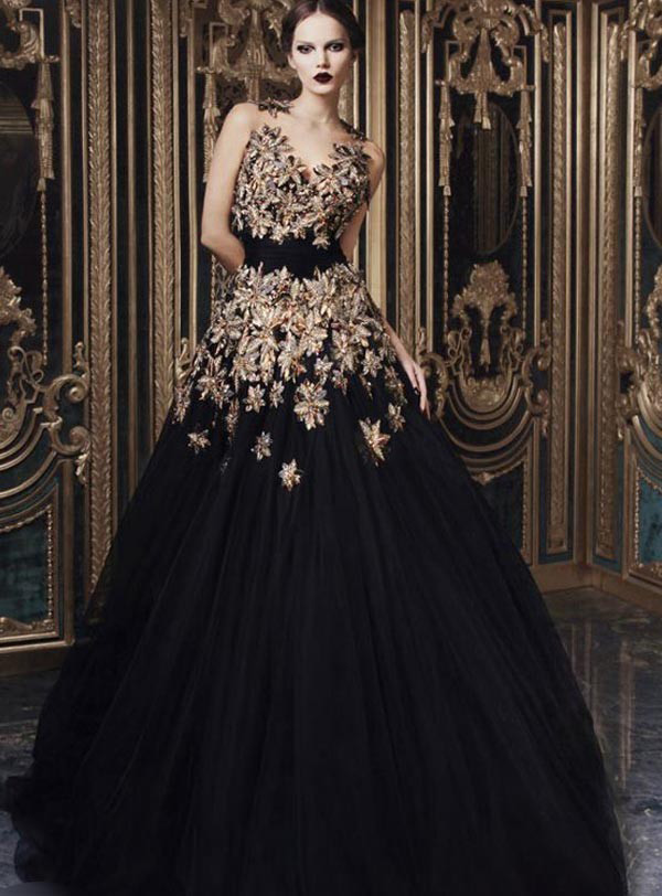 Adorable wedding dress in black with gold embellishment