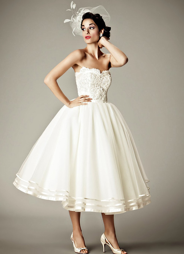 Tea length bustier wedding dress