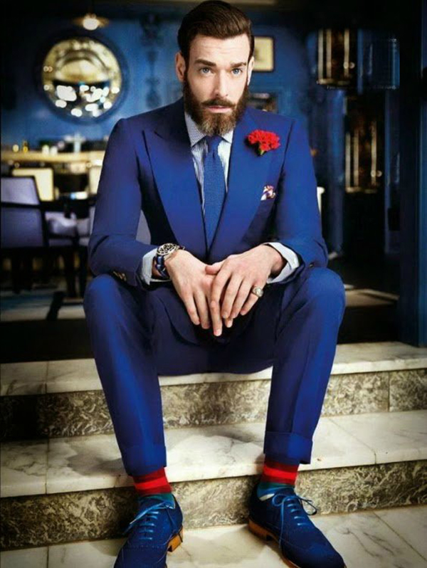 Mind-blowing tuxedo in blue with red styling