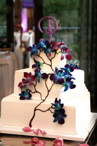 Blue Dendrobium orchids on cake